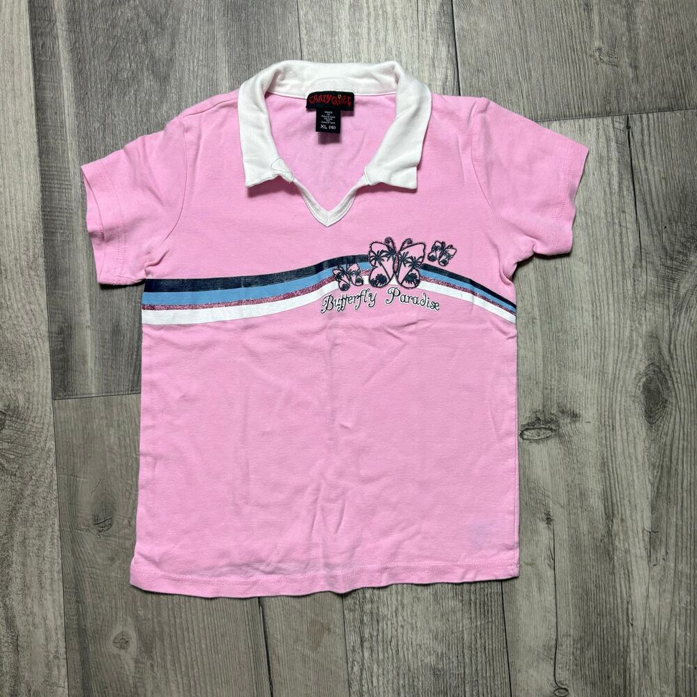 Vintage Y2K Girls Collared Tshirt Glitter Butterfly size XL